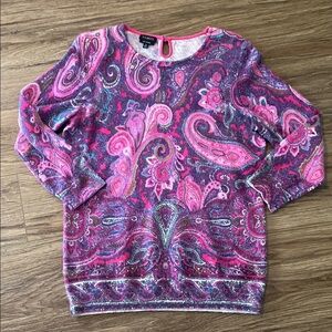 Talbots Cashmere pink paisley 3/4 sleeve sweater. Key hole back. Size M boho